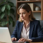 Femme en bureau moderne travaillant sur son ordinateur