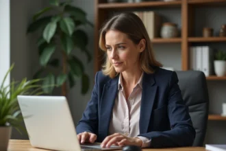 Femme en bureau moderne travaillant sur son ordinateur
