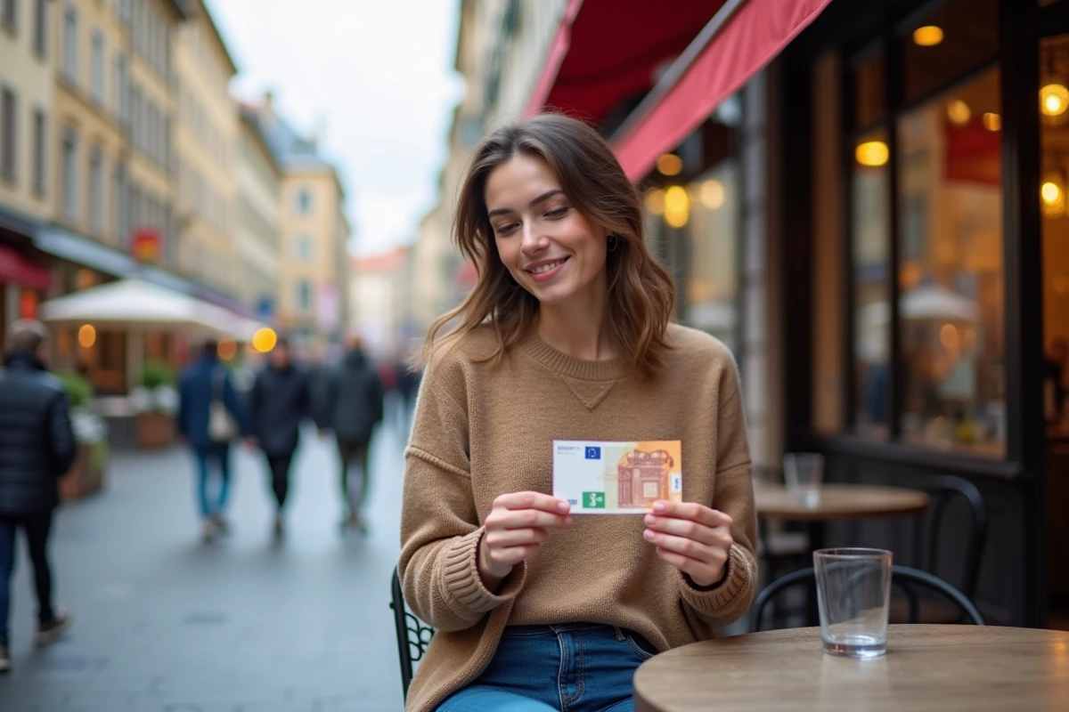 Jeune femme comparant billets de franc et euro en extérieur