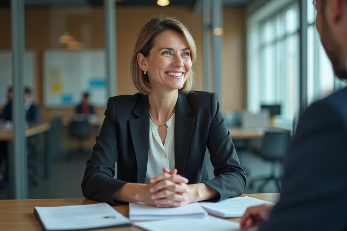 Femme professionnelle souriante discutant avec un conseiller bancaire