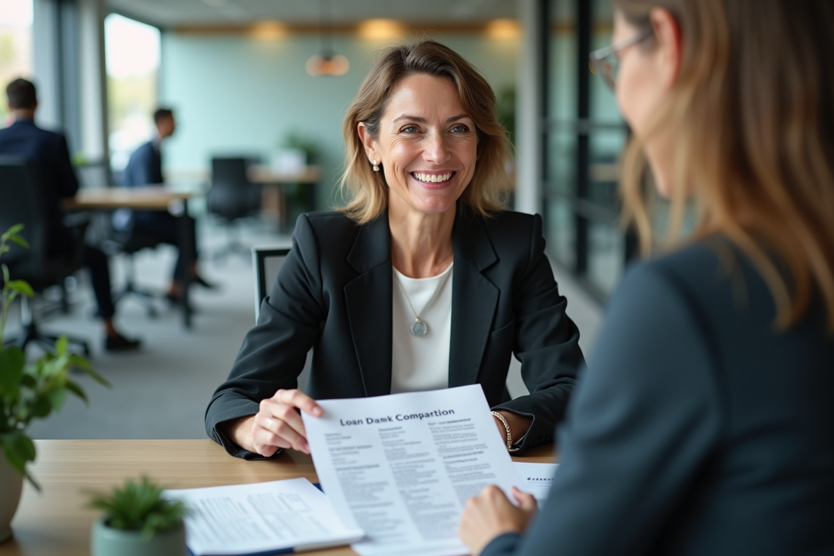 Femme professionnelle expliquant un comparatif de prêt immobilier