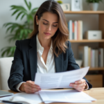 Femme analysant un contrat de pret dans un bureau lumineux
