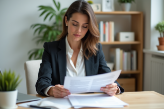 Femme analysant un contrat de pret dans un bureau lumineux