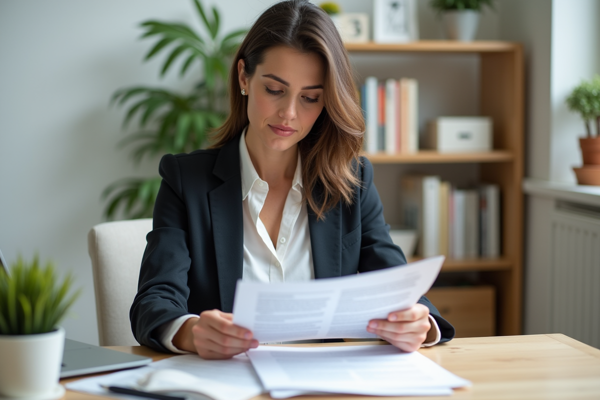 Femme analysant un contrat de pret dans un bureau lumineux