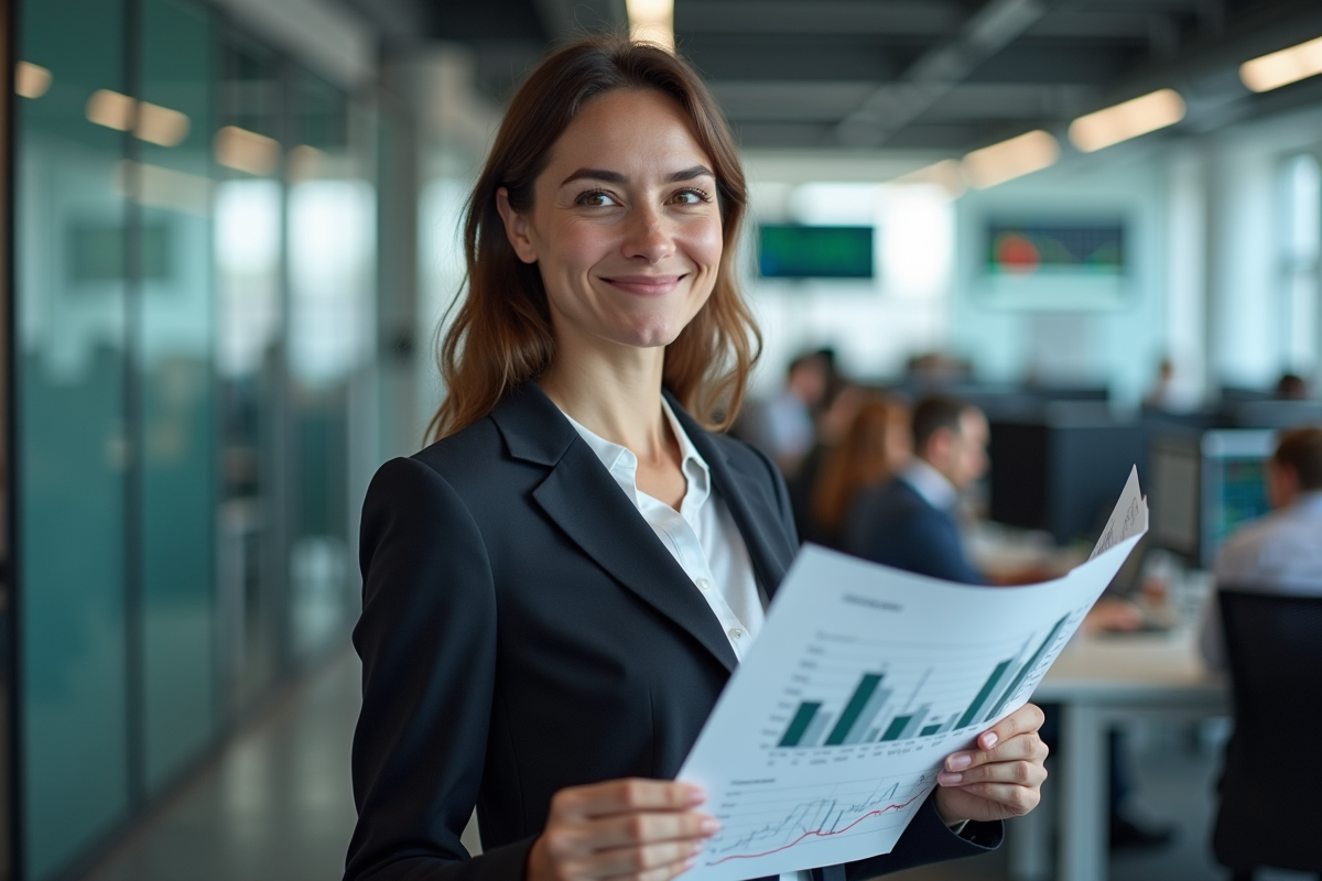 Femme en coworking financier tient un graphique et sourit