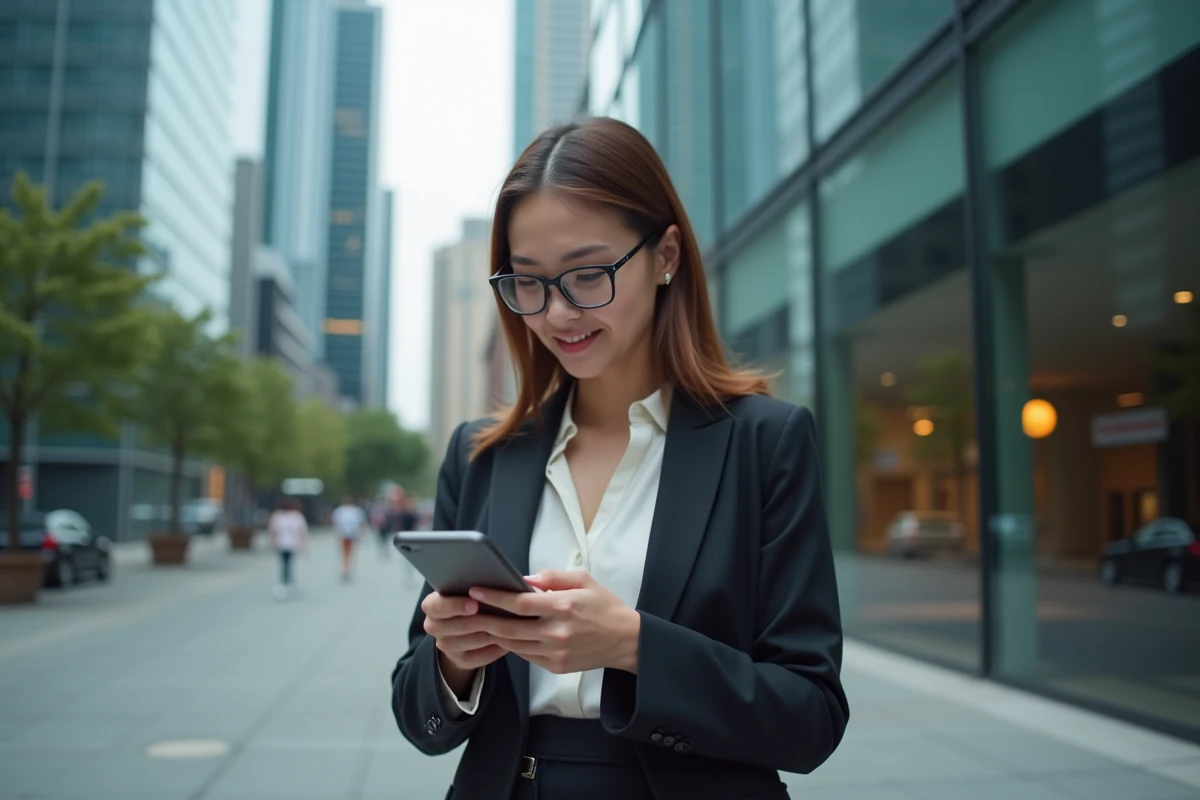 Jeune femme en extérieur utilisant une application crypto sur son smartphone