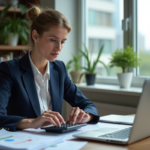 Femme d'affaires en bureau moderne analysant des documents financiers