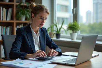 Femme d'affaires en bureau moderne analysant des documents financiers