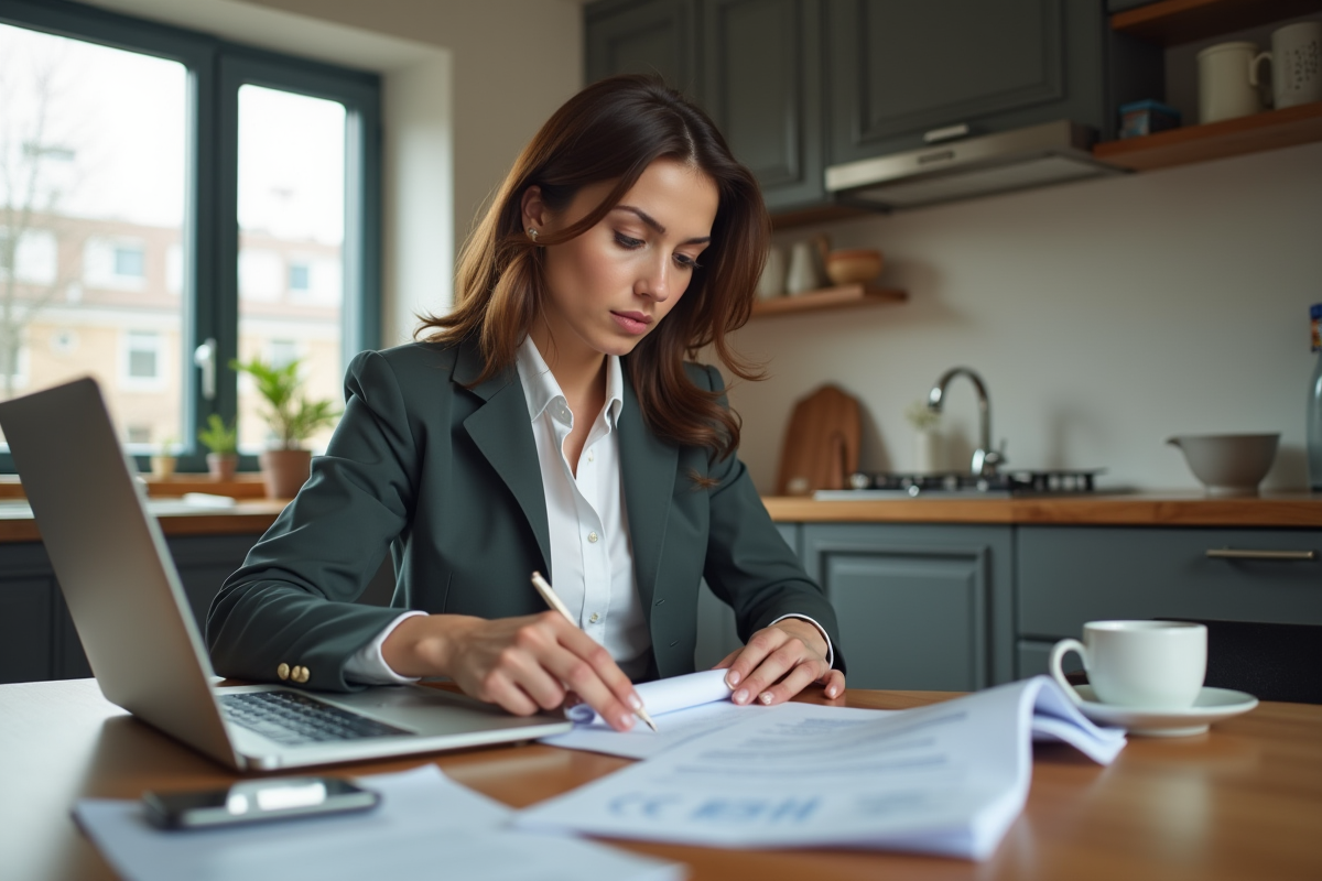 Jeune femme vérifiant ses documents financiers à la maison
