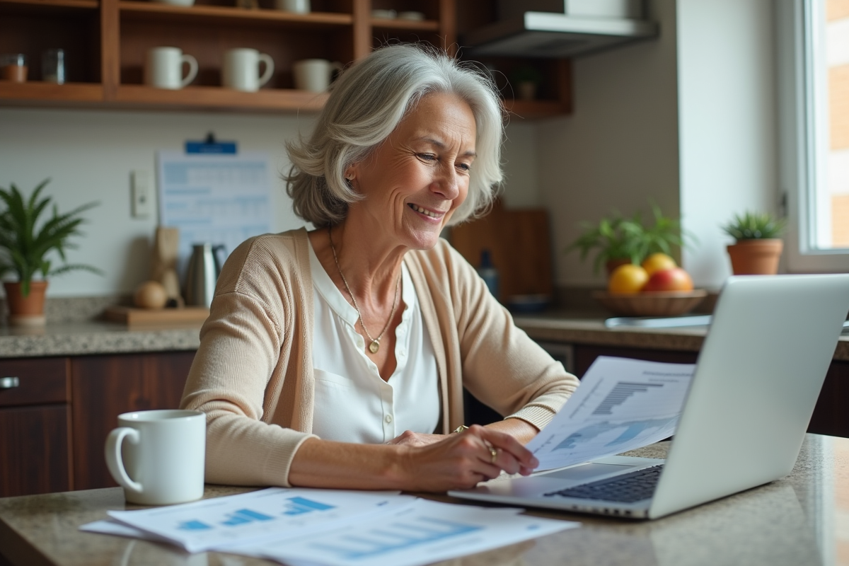 Femme discutant de documents de retraite à la cuisine