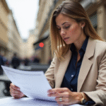 Femme confiante examinant documents immobiliers