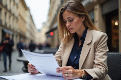 Femme confiante examinant documents immobiliers