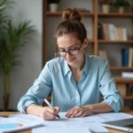 Femme en train de remplir une déclaration fiscale à la maison