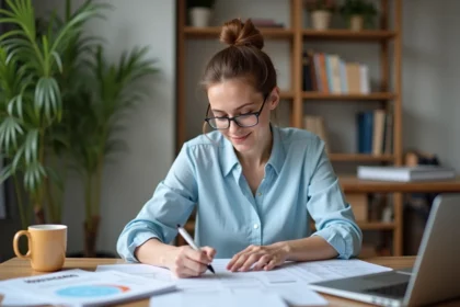 Femme en train de remplir une déclaration fiscale à la maison