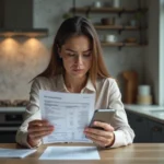 Femme inquiète examinant son relevé bancaire le matin