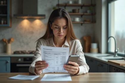 Femme inquiète examinant son relevé bancaire le matin