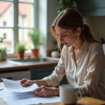 Femme lisant des documents dans une cuisine chaleureuse