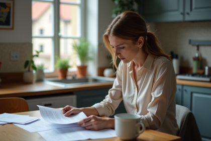 Femme lisant des documents dans une cuisine chaleureuse