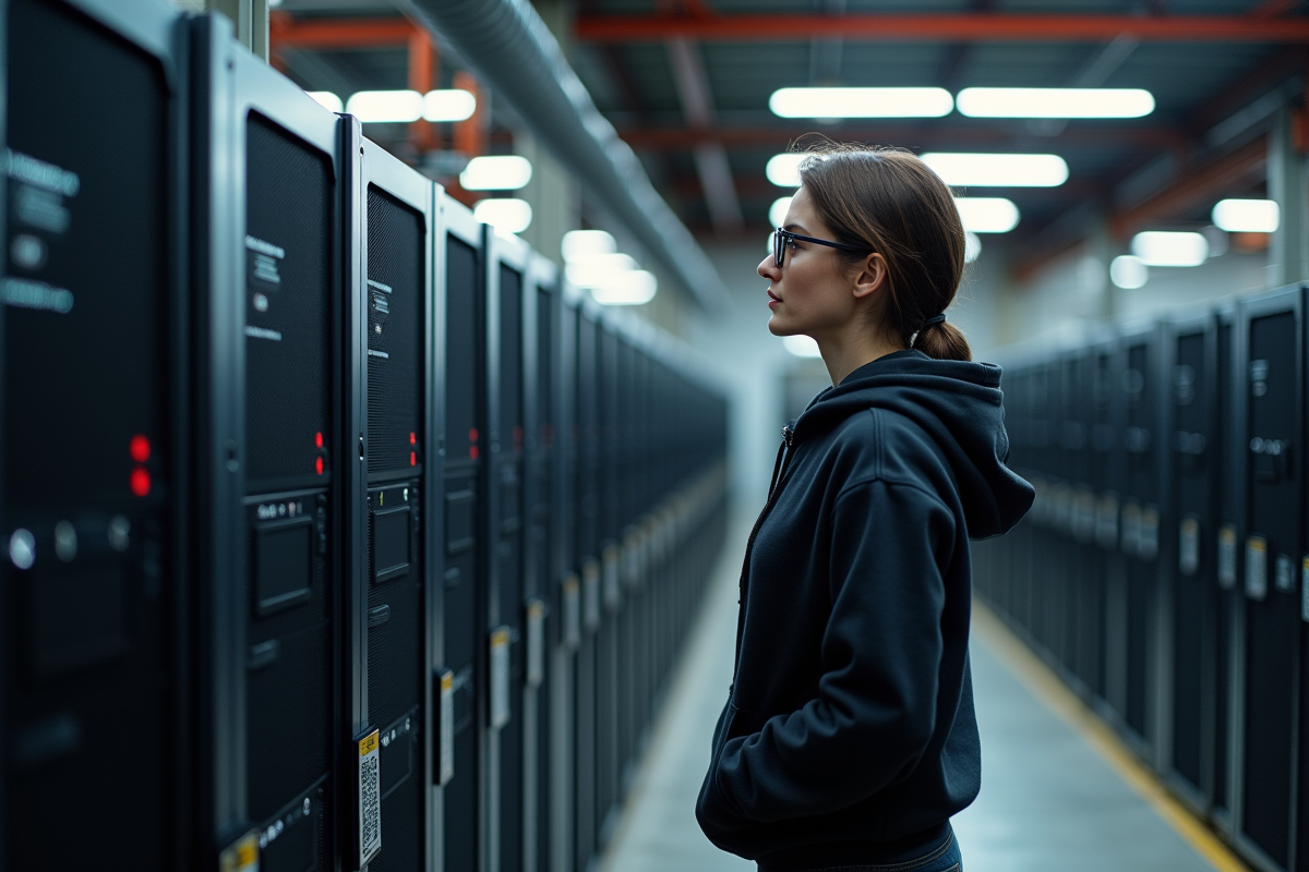 Femme vérifiant une machine de minage dans un atelier industriel