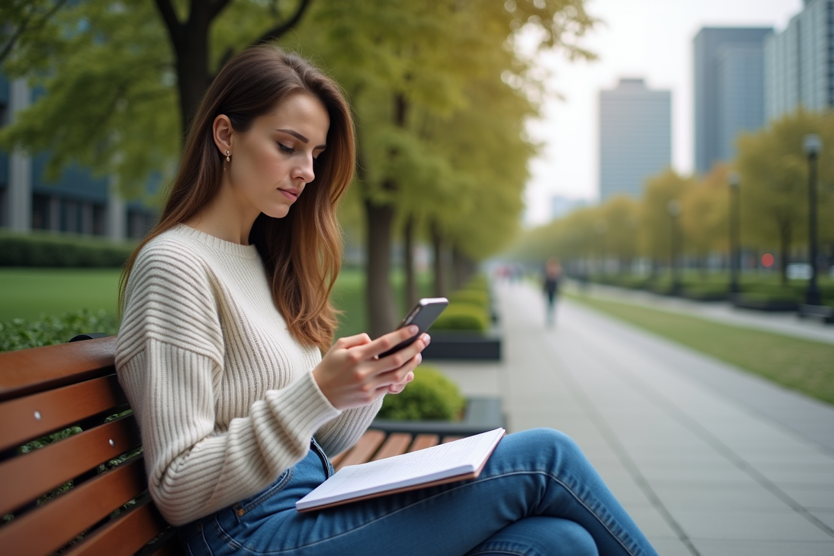 Femme assise dans un parc urbain utilisant son smartphone
