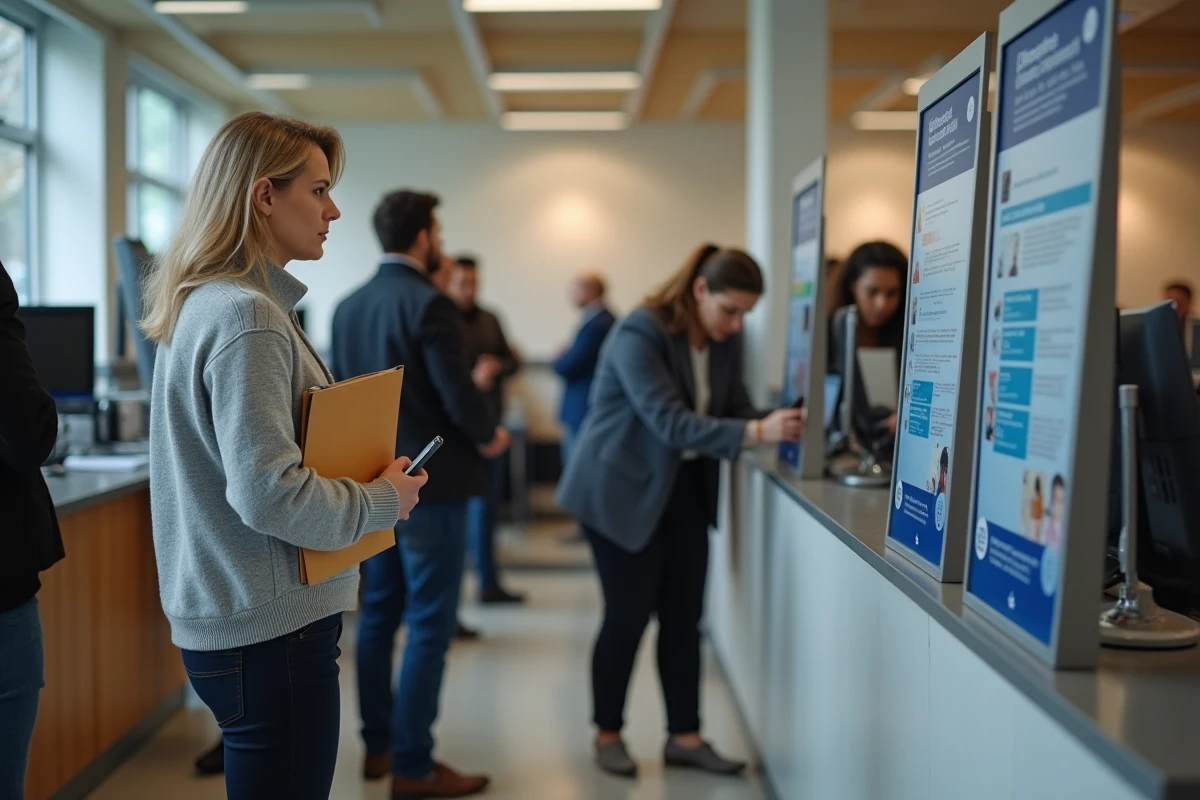 Femme en file à la poste avec dossier et smartphone