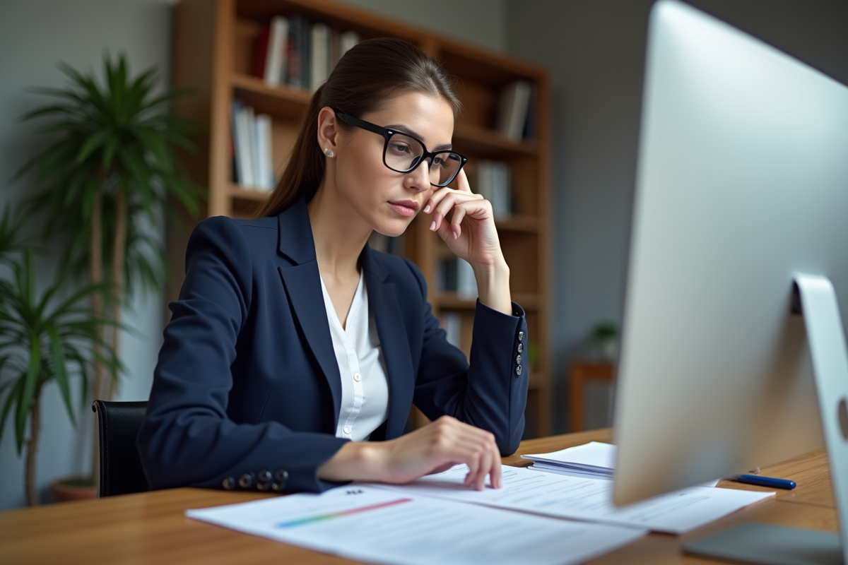 Femme professionnelle en bureau avec documents sur la sécurité sociale