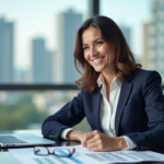 Femme souriante en bureau recherchant taux de prêt voiture