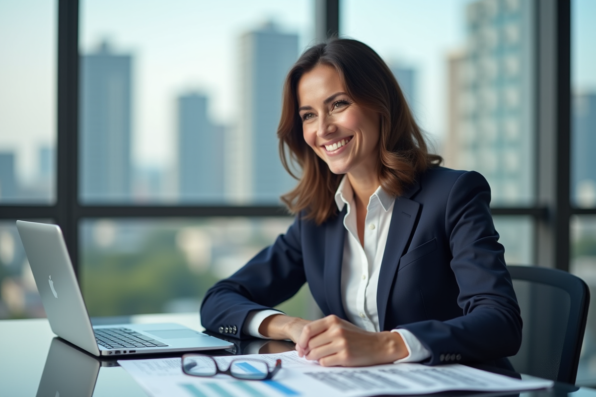 Femme souriante en bureau recherchant taux de prêt voiture
