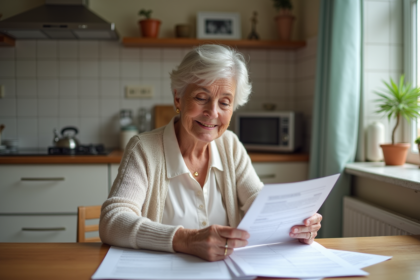 Femme souriante en retraite étudiant des papiers à la maison