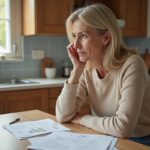 Femme réfléchissant à la retraite avec documents dans la cuisine