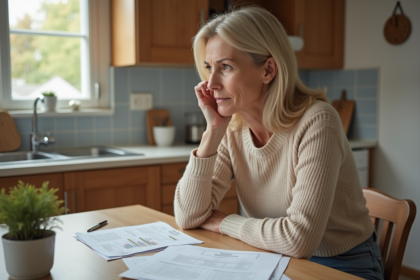 Femme réfléchissant à la retraite avec documents dans la cuisine