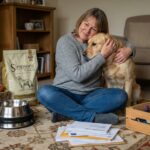 Femme assise avec son chien retriever dans le salon