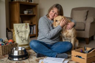 Femme assise avec son chien retriever dans le salon
