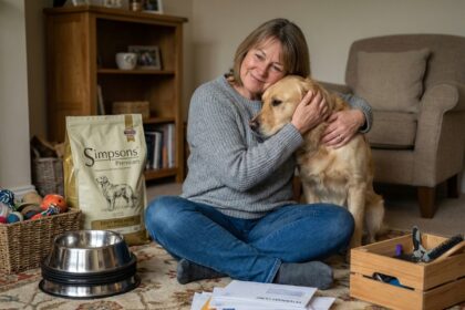 Femme assise avec son chien retriever dans le salon