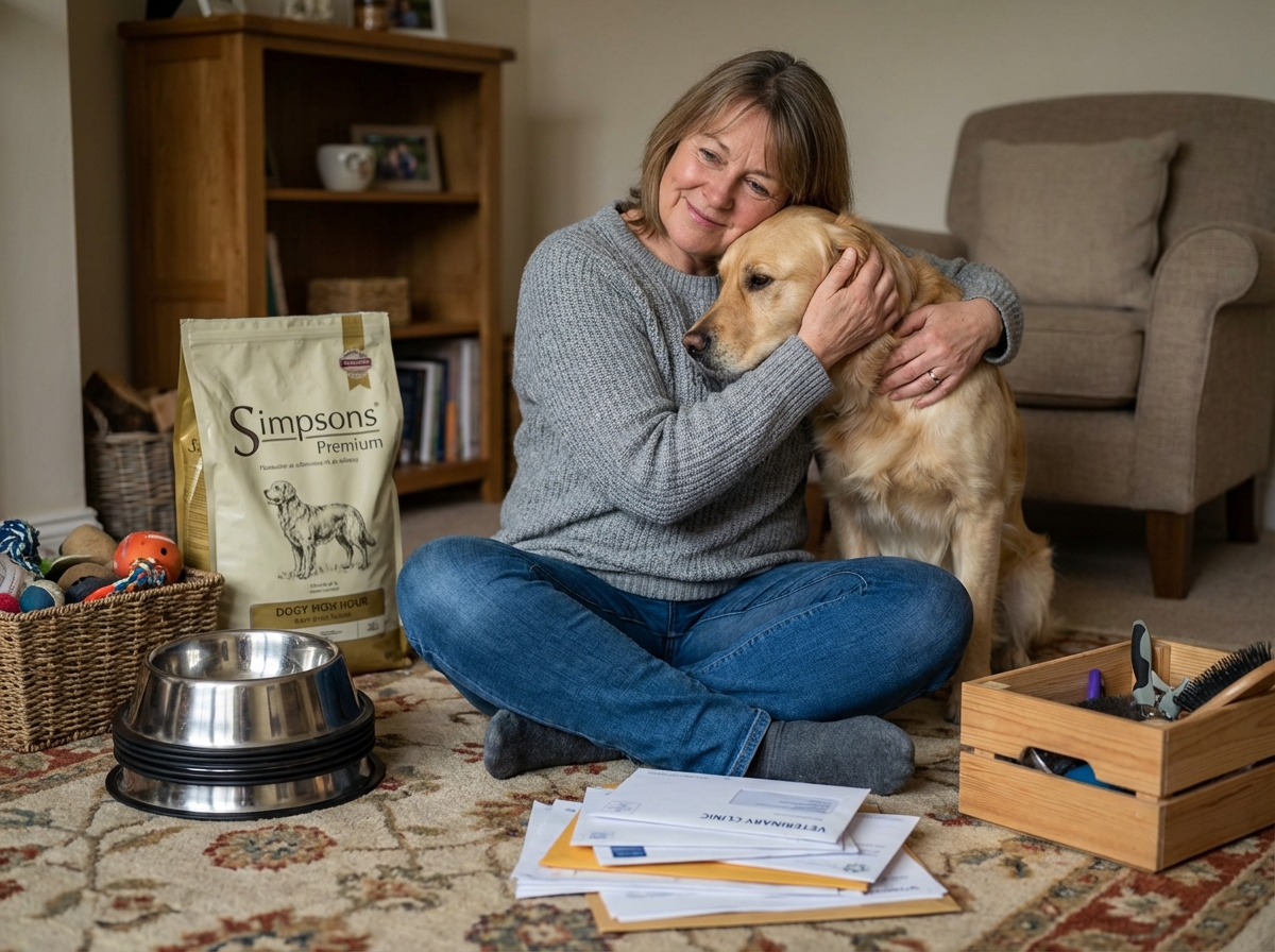 Femme assise avec son chien retriever dans le salon