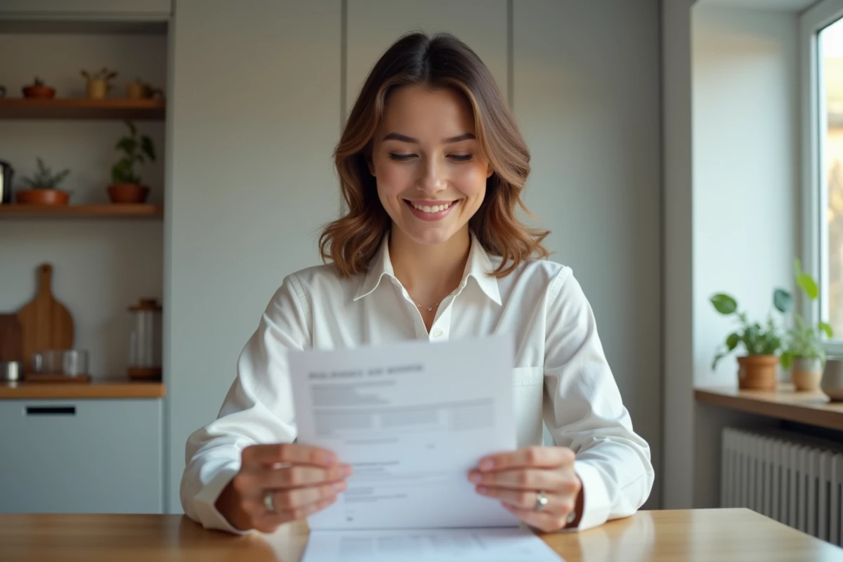 Femme vérifiant sa fiche de paie dans sa cuisine moderne