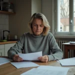 Femme seule examinant des documents administratifs liés au RSA à la table de sa cuisine