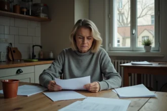 Femme seule examinant des documents administratifs liés au RSA à la table de sa cuisine