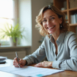 Femme souriante signant un document dans un bureau lumineux