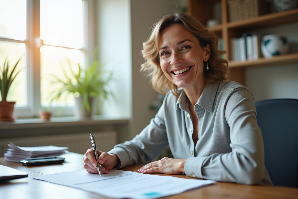 Femme souriante signant un document dans un bureau lumineux
