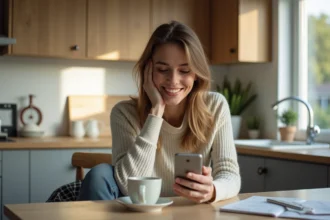 Femme souriante vérifiant son smartphone dans la cuisine