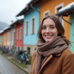 Jeune femme souriante devant bâtiments modestes en Europe de l'Est