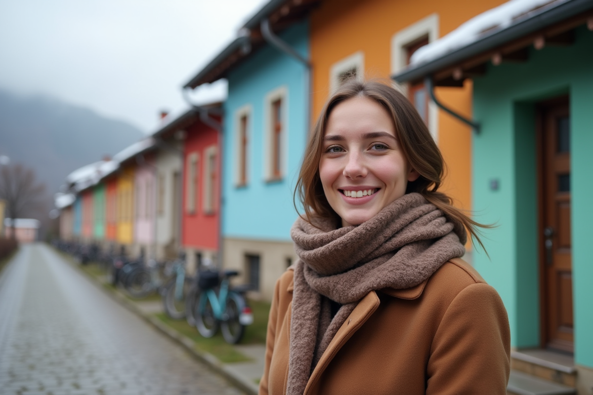Jeune femme souriante devant bâtiments modestes en Europe de l'Est