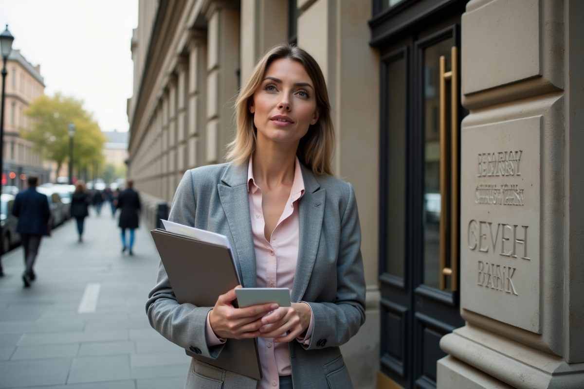Jeune femme professionnelle devant une banque avec dossier