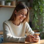 Jeune femme souriante utilisant son smartphone pour transférer de l'argent