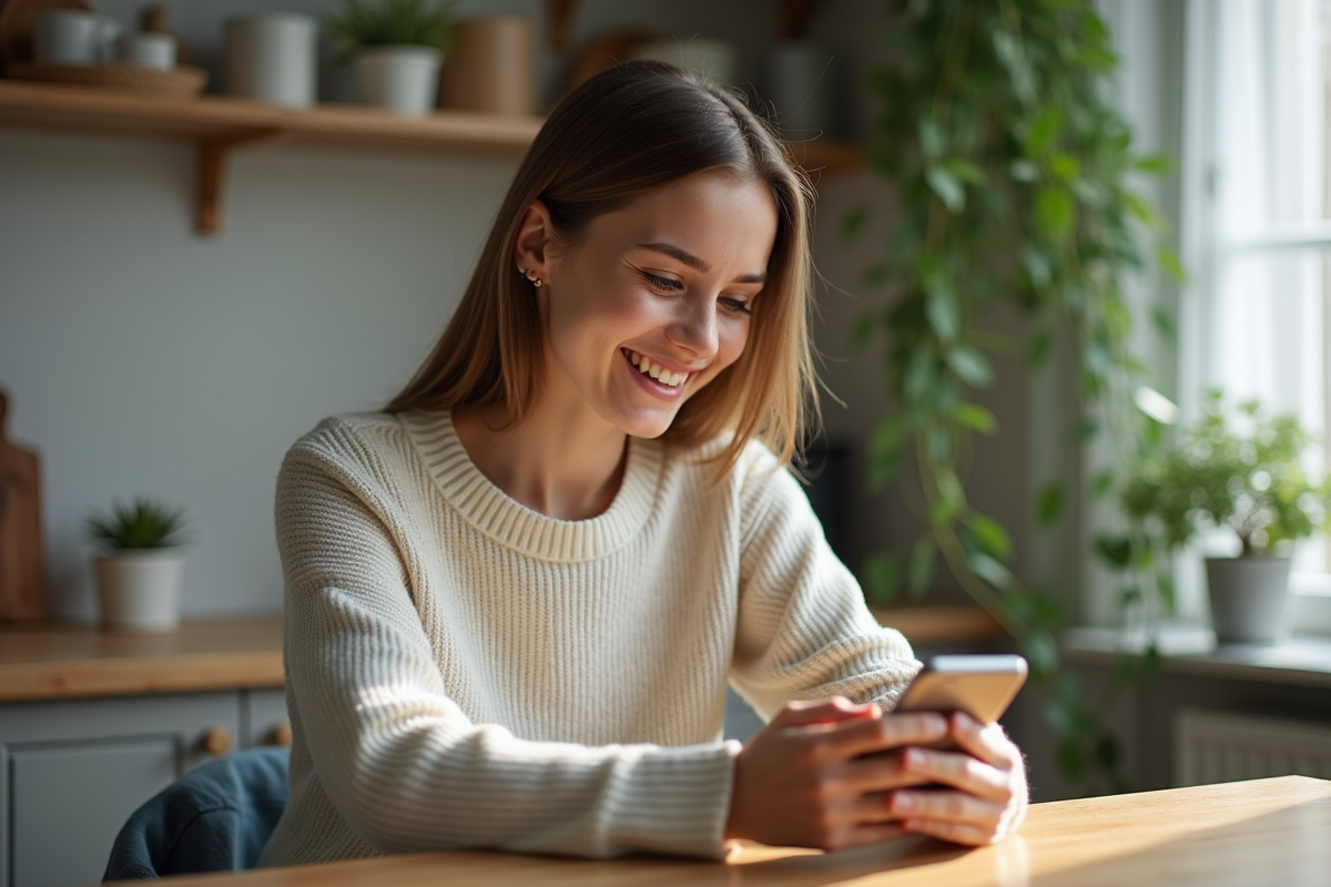 Jeune femme souriante utilisant son smartphone pour transférer de l'argent
