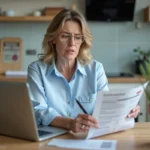 Femme concentrée travaillant sur un papier cesu à la maison