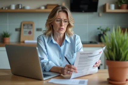 Femme concentr&eacute;e travaillant sur un papier cesu &agrave; la maison