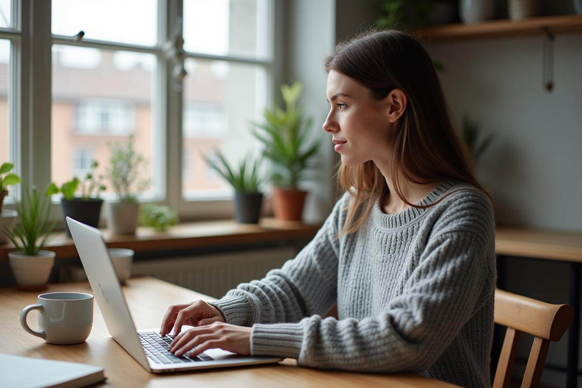 Jeune femme travaillant à la maison sur son ordinateur
