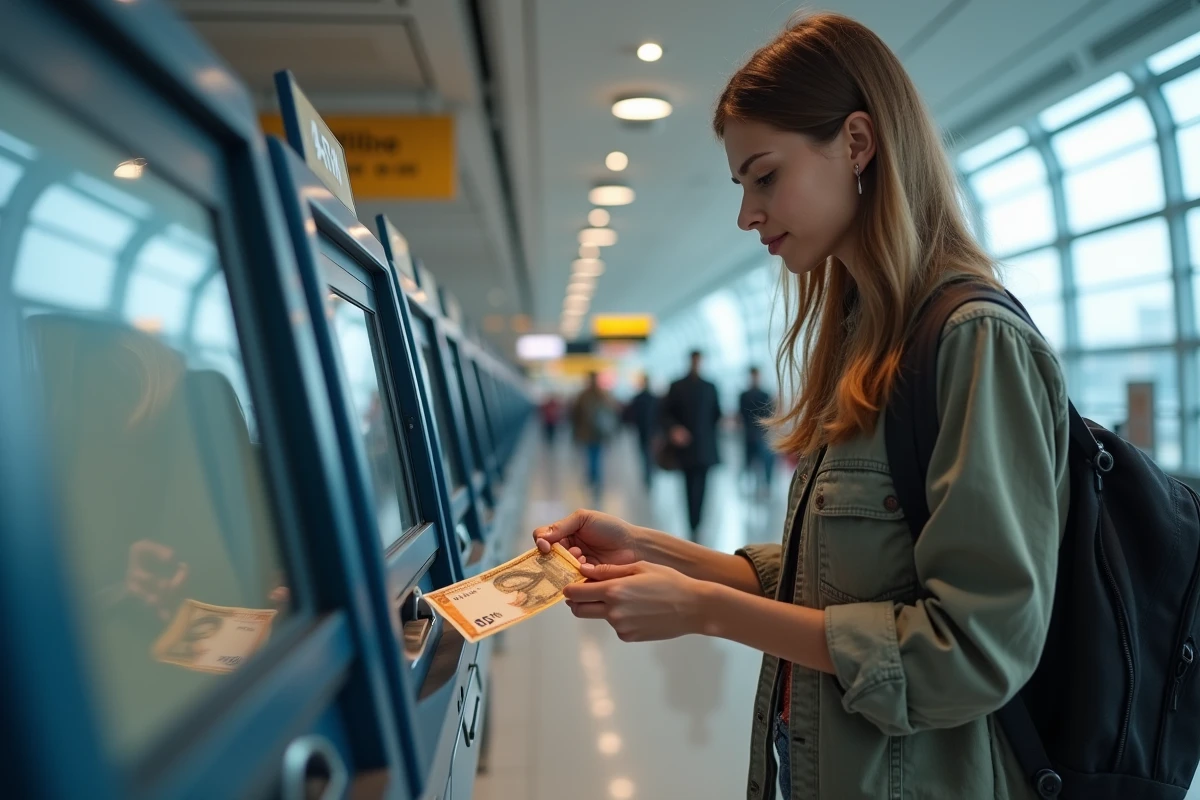 Jeune femme plaçant un billet dans un distributeur de change